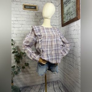 Loft plaid ruffle cropped blouse